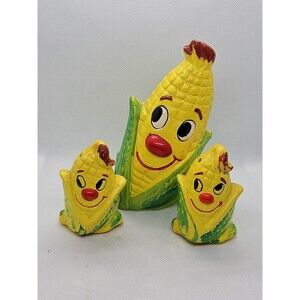Japan Vtg Anthropomorphic Happy Corn Cob Salt & Pepper Shakers Napkin Holder Set